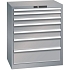 Dílenská zásuvková skříň LISTA, 7 zásuvek = 1x50 + 2x75 + 2x100 + 1x150 +1x200mm, 717x572x850mm, šedá/stříbrná