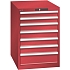 Dílenská zásuvková skříň LISTA, 7 zásuvek = 2 x 75 / 4 x 100 / 1 x 150, 564x725x800 mm, červená
