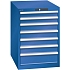 Dílenská zásuvková skříň LISTA, 7 zásuvek = 2 x 75 / 4 x 100 / 1 x 150, 564x725x800 mm, fluorescentní modrá