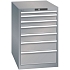 Dílenská zásuvková skříň LISTA, 7 zásuvek = 1x 50 + 2x 75 + 2x 100 + 1x 150 + 1x 200mm, 564x725x850mm, šedá/stříbrná