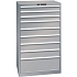 Dílenské zásuvkové skříně LISTA, 9 zásuvek = 3x100mm +5x150 +1x300mm, nosnost zásuvky 75kg, 870x725x1450mm, šedá/stříbrná