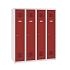 Snížená školní šatní skříň, 4 sloupce, 300 mm, šedá/červená, tříbodový cylindrický zámek