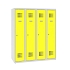 Snížená školní šatní skříň, 4 sloupce, 300 mm, šedá/žlutá, tříbodový cylindrický zámek