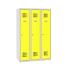 Snížená školní šatní skříň, 3 sloupce, 300 mm, šedá/žlutá, tříbodový cylindrický zámek