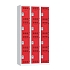 Svařovaná šatní skříň Vinco, 3 sloupce, 12 boxů, 300 mm, cylindrický zámek, šedá/červená