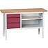 Dílenský stůl Bott Verso, výškově nastavitelný, 83-93 x 150 x 60 cm, multiplex, 3 zásuvky, 1 police, šedá-červená