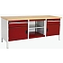 Dílenský stůl Bott Cubio Storage, 84 x 200 x 75 cm, 2 skříňky, 2 zásuvky, otevřený prostor s policí, multiplex, šedá-červená