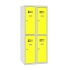 Snížená školní šatní skříň, 4 oddíly, 300 mm, šedá/žlutá, cylindrický zámek