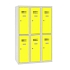 Snížená školní šatní skříň, 6 oddílů, 300 mm, šedá/žlutá, cylindrický zámek