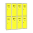 Snížená školní šatní skříň, 8 oddílů, 300 mm, šedá/žlutá, cylindrický zámek