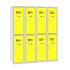 Snížená školní šatní skříň, 8 oddílů, 300 mm, šedá/žlutá, otočný uzávěr