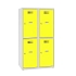 Snížená školní šatní skříň, 4 oddíly, 400 mm, šedá/žlutá, cylindrický zámek