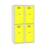 Snížená školní šatní skříň, 4 oddíly, 400 mm, šedá/žlutá, otočný uzávěr