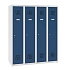 Snížená školní šatní skříň, 4 sloupce, 300 mm, šedá/tmavě modrá, cylindrický zámek